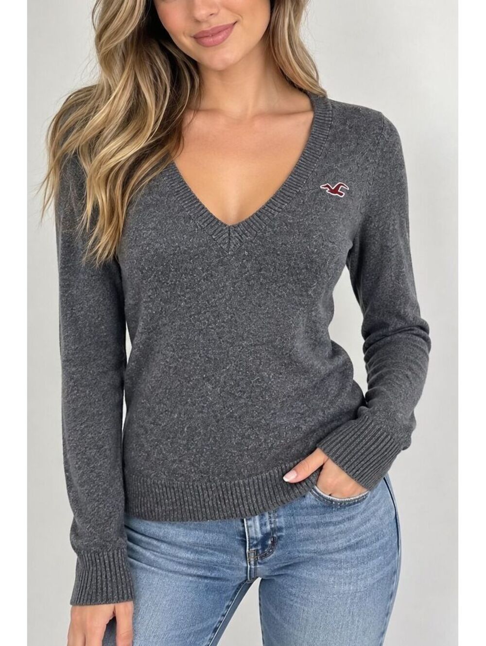 Y2K Hollister Gray V Neck Sweater Womens M Fitted Knit Long Sleeve Preppy